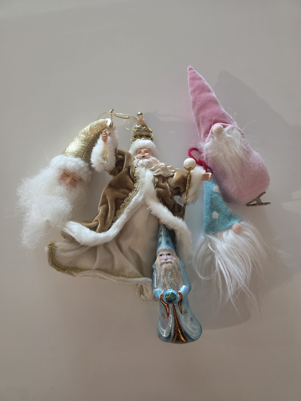Kids Holiday Plush Santa & Gnome Ornaments - Pink, Blue, Gold, Cream